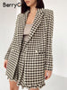 BerryGo Elegant houndstooth Za blazer skirt sets women Autumn two piece sets for women High waist work skirt suits office lady