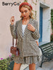 BerryGo Elegant houndstooth Za blazer skirt sets women Autumn two piece sets for women High waist work skirt suits office lady