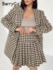 BerryGo Elegant houndstooth Za blazer skirt sets women Autumn two piece sets for women High waist work skirt suits office lady