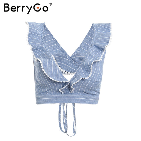 Elegant ruffle stripe print tank top Sexy V sleeveless summer crop top cami Women lace up casual camisole tank blouse