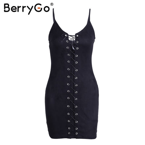Lace up suede sexy bodycon dress Women hollow out slim sun dress Autumn elegant slim party club dress vestidos 2022