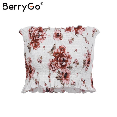 Sexy floral print strapless elestic crop top women Casual ruffle backless boho camis 2022 Summer beach top bustier femme