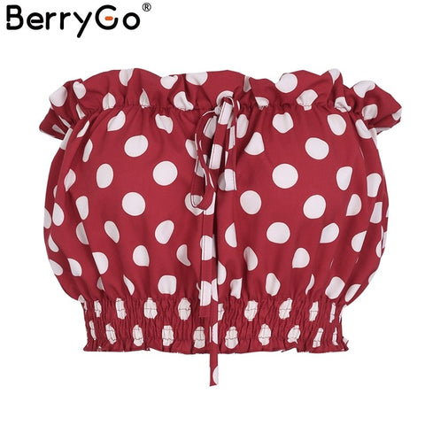 Sexy strapless polka dot crop top women Backless smocking red ruffle camisole Summer tie up beach casual top tees female
