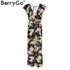 Sexy v neck tiered ruffle black jumpsuit women Side split loose floral romper jumpsuit Sash backless summer playsuit