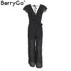 Sexy v neck tiered ruffle black jumpsuit women Side split loose floral romper jumpsuit Sash backless summer playsuit