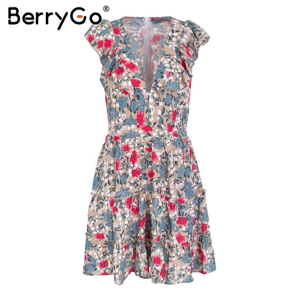 Sleeveless ruffle v neck summer dress women High waist short dress streetwear Chic floral dress female 2022