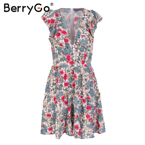 Sleeveless ruffle v neck summer dress women High waist short dress streetwear Chic floral dress female 2022
