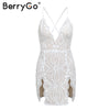 Split embroidery sequin short dress women Sexy backless strap mesh bodycon dress 2022 Club party summer dresses vestidos