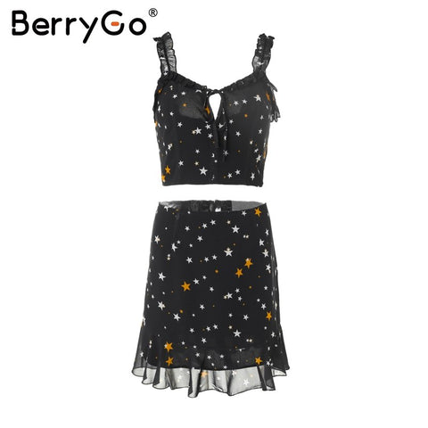 Star print two-piece summer dress Women sleeveless ruffle casual dress 2022 Strap tie up short dress black vestidos
