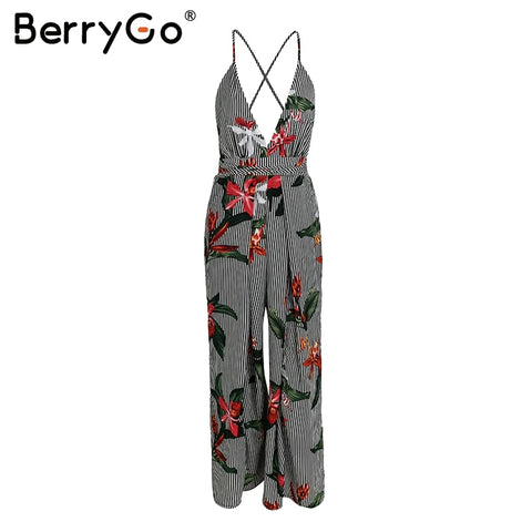 Stripe v neck strap sexy jumpsuit romper Women print boho beach jumpsuit summer Vintage loose playsuit overalls 2022 new