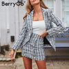 BerryGo Two-piece plaid tweed women blazer suit Casual streetwear suits female blazer sets Chic office ladies blazer skirt suits