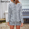 BerryGo Two-piece plaid tweed women blazer suit Casual streetwear suits female blazer sets Chic office ladies blazer skirt suits