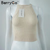 chic knitted halter bustier crop top Women summer beach sexy white camis Off shoulder elastic tube tank tops knitwear