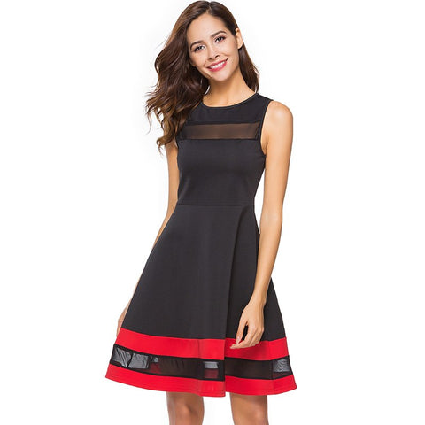 Cute Women Skater Dress Sleeveless Contrast Color Stripe Patchwork Sexy Mesh Ilssuion Casual A-Line Mini Dress Short