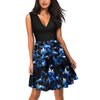 Women Party Swing Dress Mini A-Line V-neck Sexy Low Back Sleeveless Patchwork Floral Print Casual Skater Dress Short
