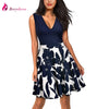 Women Party Swing Dress Mini A-Line V-neck Sexy Low Back Sleeveless Patchwork Floral Print Casual Skater Dress Short