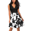 Women Party Swing Dress Mini A-Line V-neck Sexy Low Back Sleeveless Patchwork Floral Print Casual Skater Dress Short