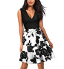Women Party Swing Dress Mini A-Line V-neck Sexy Low Back Sleeveless Patchwork Floral Print Casual Skater Dress Short