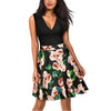 Women Party Swing Dress Mini A-Line V-neck Sexy Low Back Sleeveless Patchwork Floral Print Casual Skater Dress Short