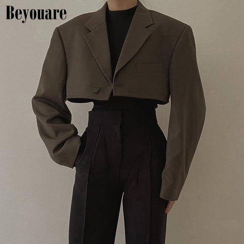 Beyouare Women's Blazer Coat Short Top Vintage Notched Collar Blazers Lady Office Work Suit 2023 Autumn Casual Chic Tops