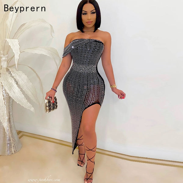 Beyprern Sparkle Off Shoulder Black Crystal Midi Dress Womens Glam Rhinestone Studded Asymmetrical Party Dress Birthday Outfits