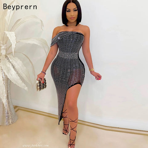 Beyprern Sparkle Off Shoulder Black Crystal Midi Dress Womens Glam Rhinestone Studded Asymmetrical Party Dress Birthday Outfits