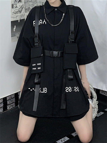 Bf Style Techwear Gothic Goth Blouses Women Vintage Shirt Hip Hop Black Shirts Casual Short Sleeve Streetwear Egirl Clothes Emo