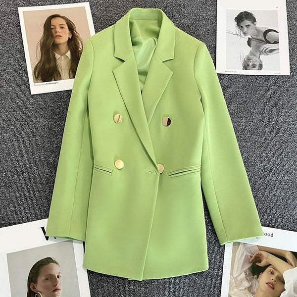 Biyaby 2023 Autumn Green Loose Women Blazers Korean Style Double Breasted Suit Jacket Ladies Simple Office Work Casual Blazers