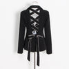 Black Backless Casual Blazer For Women Long Sleeve Chic And Elegant Woman Coat Fall Sexy Solid Rhinestones Bandage Blazer Outfit