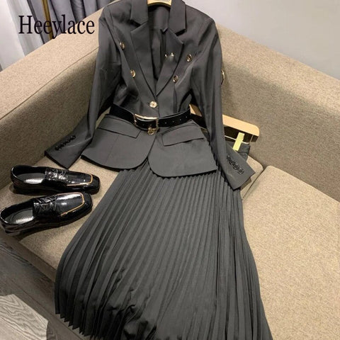 Black Blazer With Belt + Midi Pleated Skirt Women 2 Piece Set Autumn Office Vintage Lady Long Sleeve Suit Jacket Chic Skirt Suit