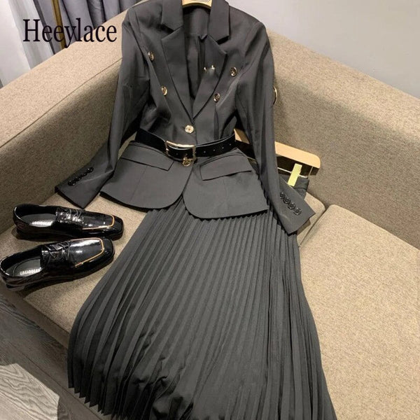Black Blazer With Belt + Midi Pleated Skirt Women 2 Piece Set Autumn Office Vintage Lady Long Sleeve Suit Jacket Chic Skirt Suit