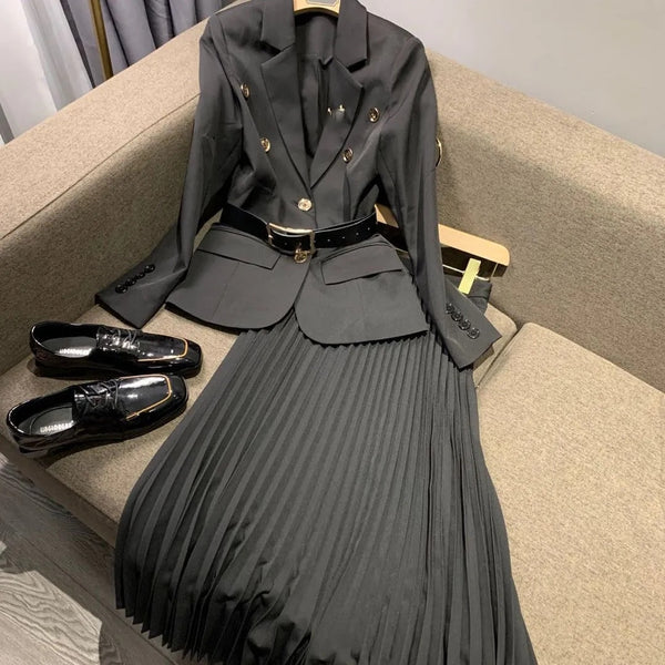 Black Blazer With Belt + Midi Pleated Skirt Women 2 Piece Set Autumn Office Vintage Lady Long Sleeve Suit Jacket Chic Skirt Suit