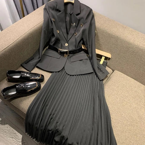 Black Blazer With Belt + Midi Pleated Skirt Women 2 Piece Set Autumn Office Vintage Lady Long Sleeve Suit Jacket Chic Skirt Suit
