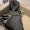 Black Blazer With Belt + Midi Pleated Skirt Women 2 Piece Set Autumn Office Vintage Lady Long Sleeve Suit Jacket Chic Skirt Suit