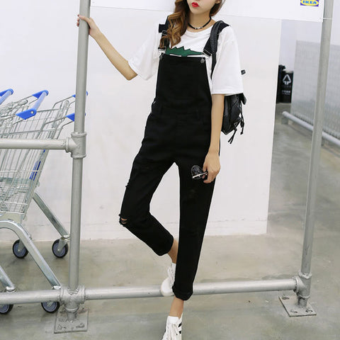 Black Denim Overalls High Waist Women Suspender Trousers Frayed Summer 2022 Causal Playsuit For Women Long Romper Jumpsuits