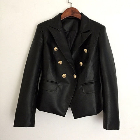 Black Double Breasted Blazers New Autumn Fashion Long Sleeve Notched Collar Faux Leather Suits Jacket Women Blazer Feminino