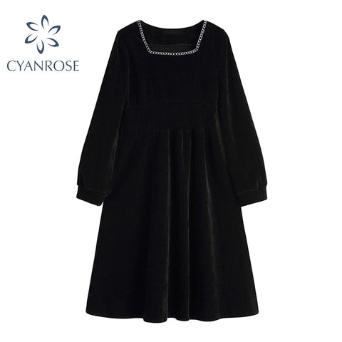 Black Dress Long Sleeve Korean Embroidery Square Collar Midi Frocks Ladies Vintage Elegant Party Club High Waist Slim Vestidos