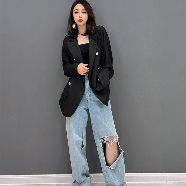 Black Elegant Double Breasted Autumn Outfit For Women Casual Notched Coat Long Sleeve Blazer  All-match Top