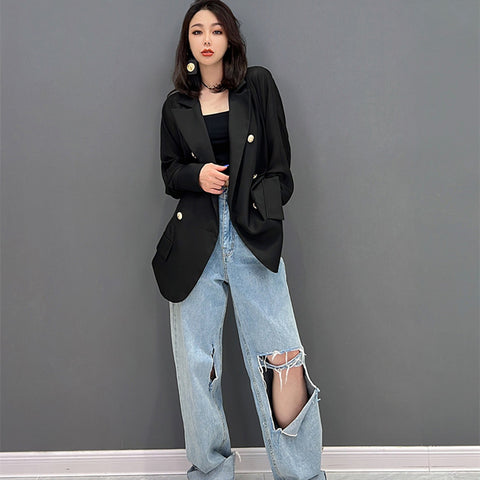 Black Elegant Double Breasted Autumn Outfit For Women Casual Notched Coat Long Sleeve Blazer  All-match Top