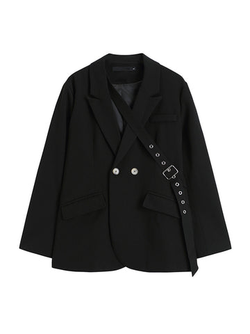 Black Blazer For Women Double Breasted Belt Coat Vintage Long Sleeve Pockets Suit Jacket Female Outerwear Office Wear