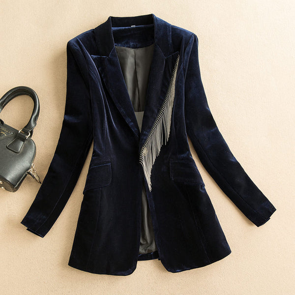 Black Gold Velvet Suit Jacket Female Spring And Autumn Temperament Self-Cultivation High-End Tassel Blazer Coat  y901