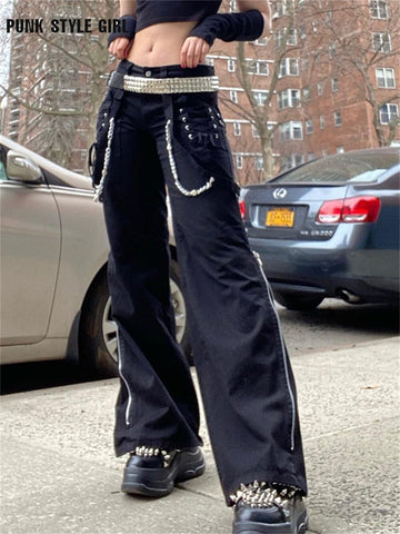 Black Goth Chain Wide Leg Pants Women Punk Style Low Rise Baggy Trousers Y2k Gothic Streetwear Egirl Grunge Solid Sweatpants