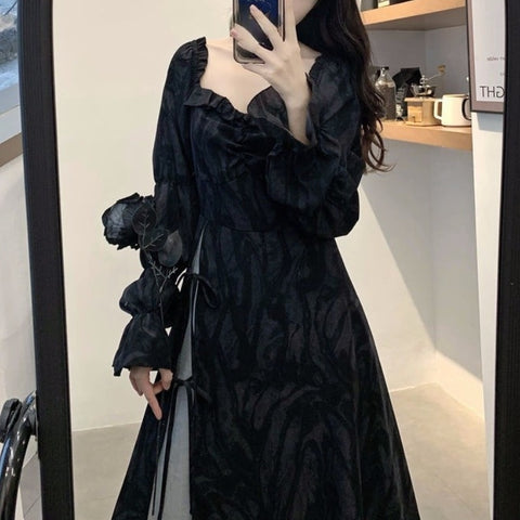 Black Gothic Dress Women Casual Puffer Sleeve Vintage Y2k Midi Dress Bandage Evening Party One Piece Dress Korean 2022 Winter