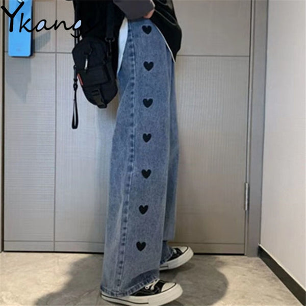 Black Heart Embroidered Wide-Leg Jeans Korean Casual Women'S Straight Denim Pant Harajuku Sweet Streetwear Wild Trousers
