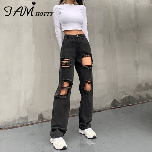 Black Hole Ripped Distressed Straight Women's Jeans Oversize High Waist Baggy Boyfriend Punk Denim Pants Street Iamhotty