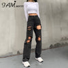 Black Hole Ripped Distressed Straight Women's Jeans Oversize High Waist Baggy Boyfriend Punk Denim Pants Street Iamhotty