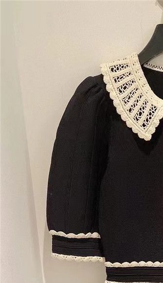 Black Knit Mini Dress Women's Hollow out Peter pan Collar Sweet Short Sleeve A-line Female Robe 2022 Autumn