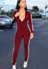 Black Long Sleeve Jumpsuits Deep V - Neck Bodycon Sexy Full Bodysuit Casual Side Striped Zipper Overalls Rompers Womens Jumpsuit