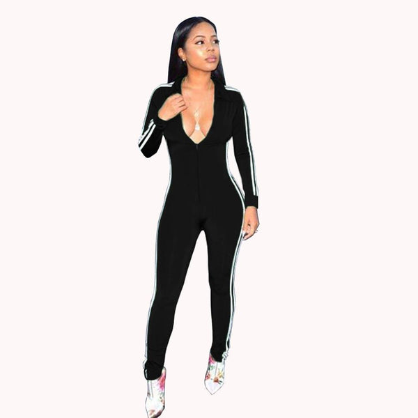 Black Long Sleeve Jumpsuits Deep V - Neck Bodycon Sexy Full Bodysuit Casual Side Striped Zipper Overalls Rompers Womens Jumpsuit