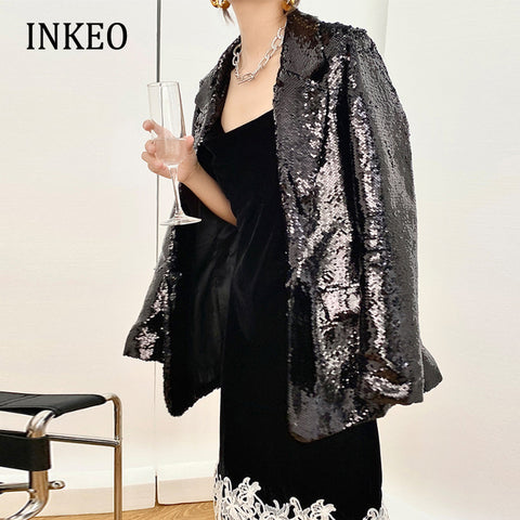 Black Paillette blazer women 2023 Spring Bling Loose Office lady Long sleeve Sequin jacket Elegant Club Clothing INKEO 1O274